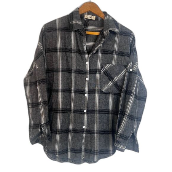 CYG Plaid Button Front Shirt Fall Neutral Basic Drop Sleeve Size M/LG - Picture 1 of 8
